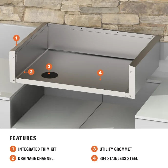 Blackstone 28" Drop-in Griddle Insulating Jacket for protecting outdoor kitchen investments from heat shielding and ensuring safe installation in combustible enclosures like BBQ islands or built-in kitchens, crafted from durable 304 stainless steel with integrated water drainage system and utility routing port.