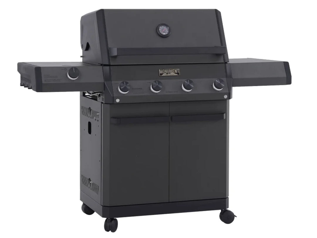 Eminence Series E425 Gas Grill by Monument Grills - High-performance freestanding BBQ featuring pearl matte black finish, 640 sq. in. cooking space, and 69,000 BTUs of heat from four high-output burners.