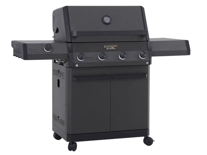 Eminence Series E425 Gas Grill by Monument Grills - High-performance freestanding BBQ featuring pearl matte black finish, 640 sq. in. cooking space, and 69,000 BTUs of heat from four high-output burners.