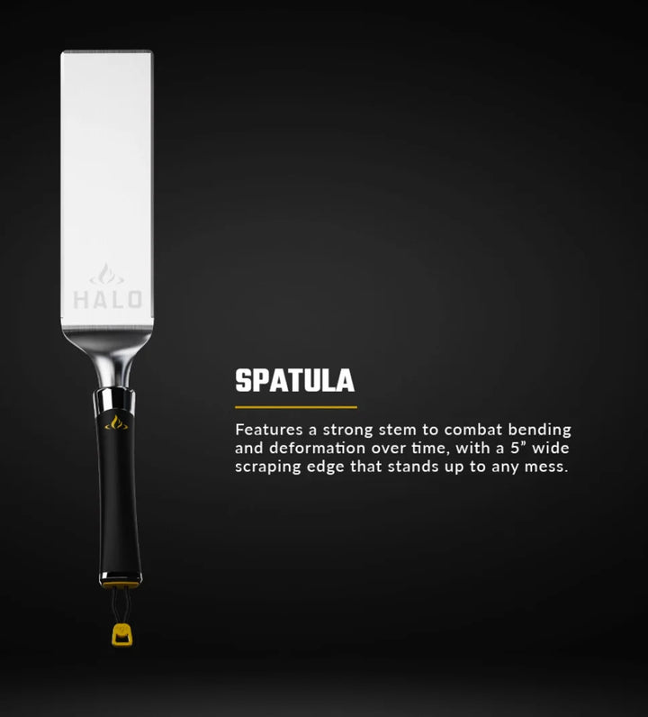 HALO 8-Piece Elite Essentials Griddle Tool Kit featuring heavy-duty stainless steel tools including scoop spatulas, squeegee scraper, tongs, and dual squeeze bottles with magnetic handles.