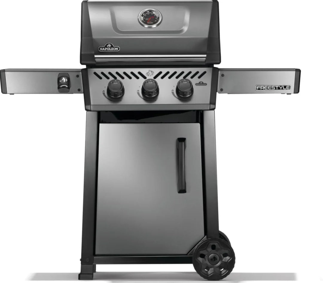Napoleon 20" Freestyle 365 Gas Grill features three stainless steel burners producing 33,000 BTUs, cast iron porcelainized cooking grids for even heat and sear marks.