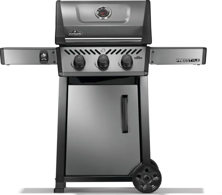Napoleon 20" Freestyle 365 Gas Grill features three stainless steel burners producing 33,000 BTUs, cast iron porcelainized cooking grids for even heat and sear marks.