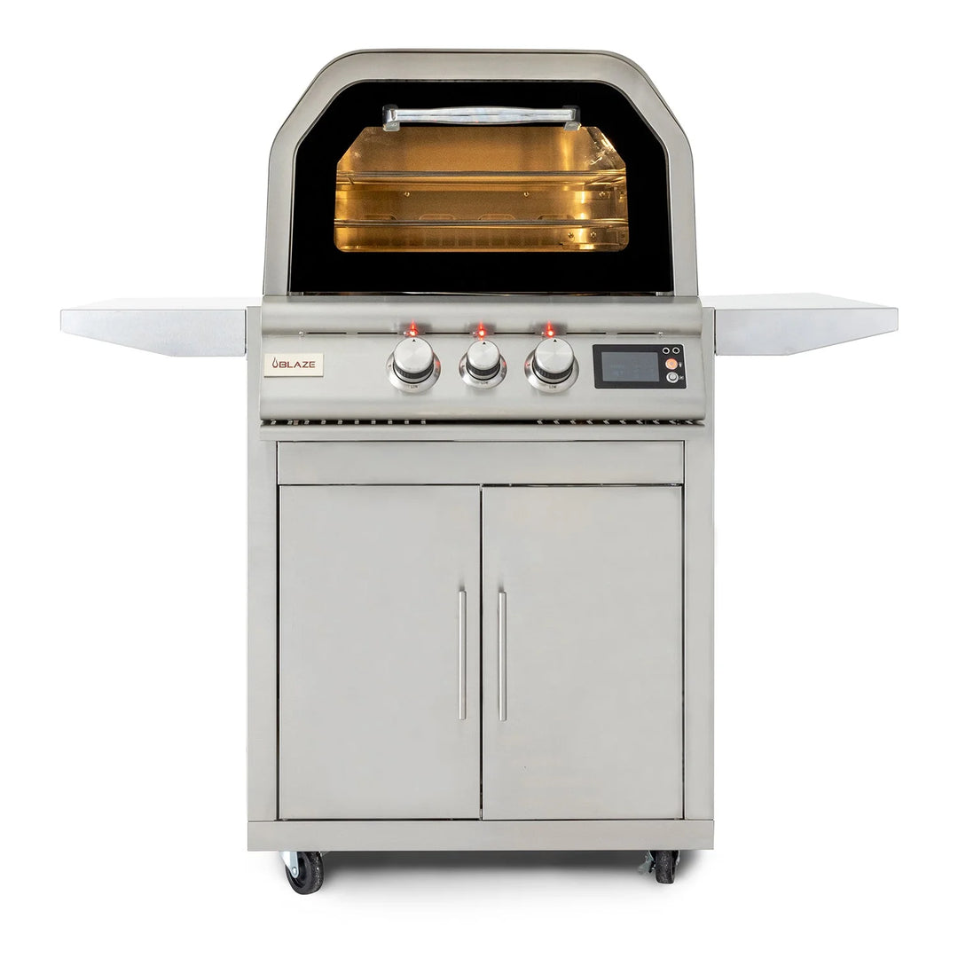 Blaze 26-Inch Pizza Oven with Cart, featuring heavy-duty stainless steel construction, ceramic pizza stone, dual cooking racks, vertical rotisserie, digital display with meat probes, and gas compatibility for outdoor cooking excellence.