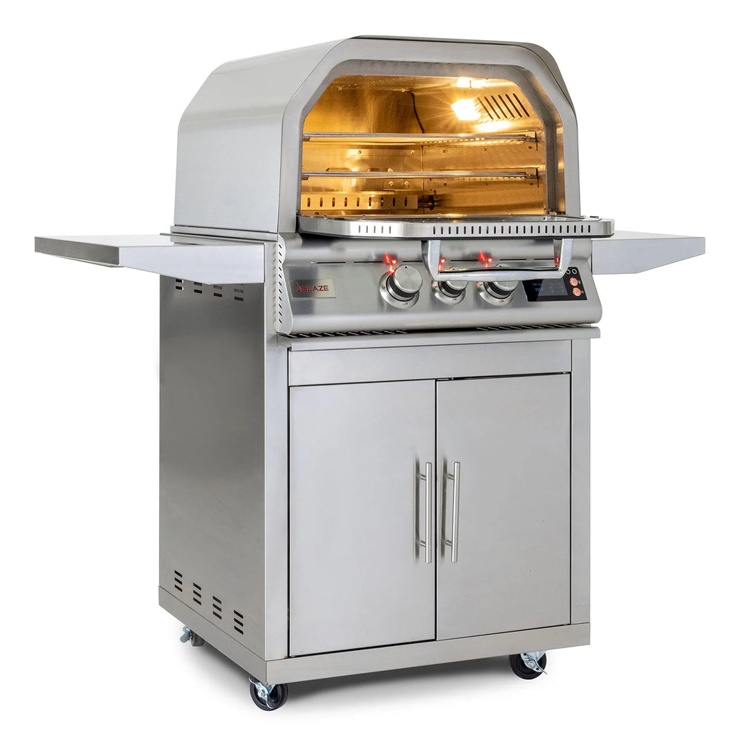 Blaze 26-Inch Pizza Oven with Cart: Heavy-duty stainless steel construction, digital display, rotating ceramic pizza stone, and dual cooking racks for perfect pizzas and slow-roasting meats.