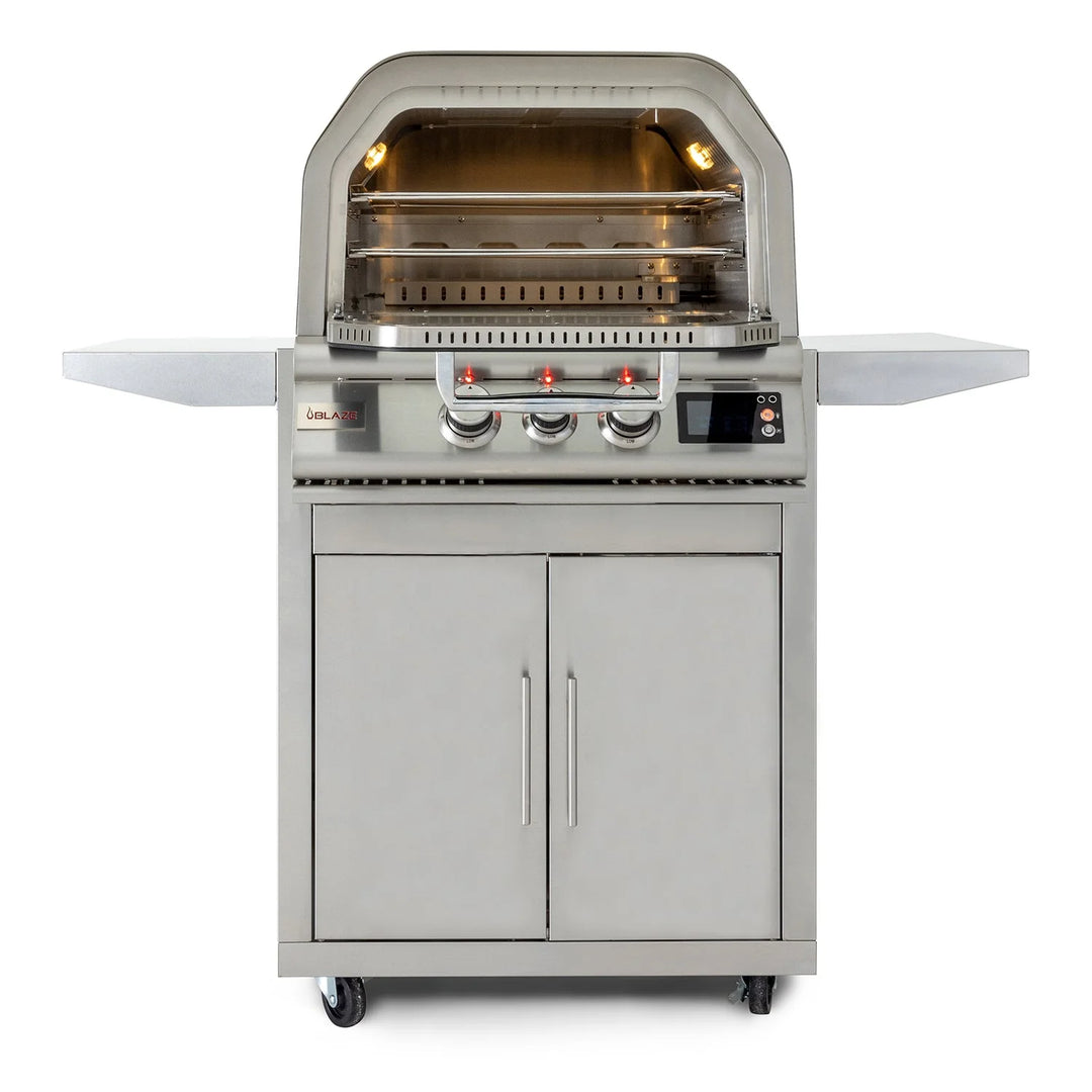 Blaze 26" Pizza Oven with Cart: A heavy-duty, stainless steel outdoor pizza oven with rotating ceramic stone, dual cooking racks, and precision temperature control for perfect pizzas and more.
