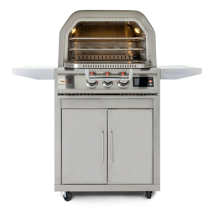 Blaze 26" Pizza Oven with Cart: A heavy-duty, stainless steel outdoor pizza oven with rotating ceramic stone, dual cooking racks, and precision temperature control for perfect pizzas and more.