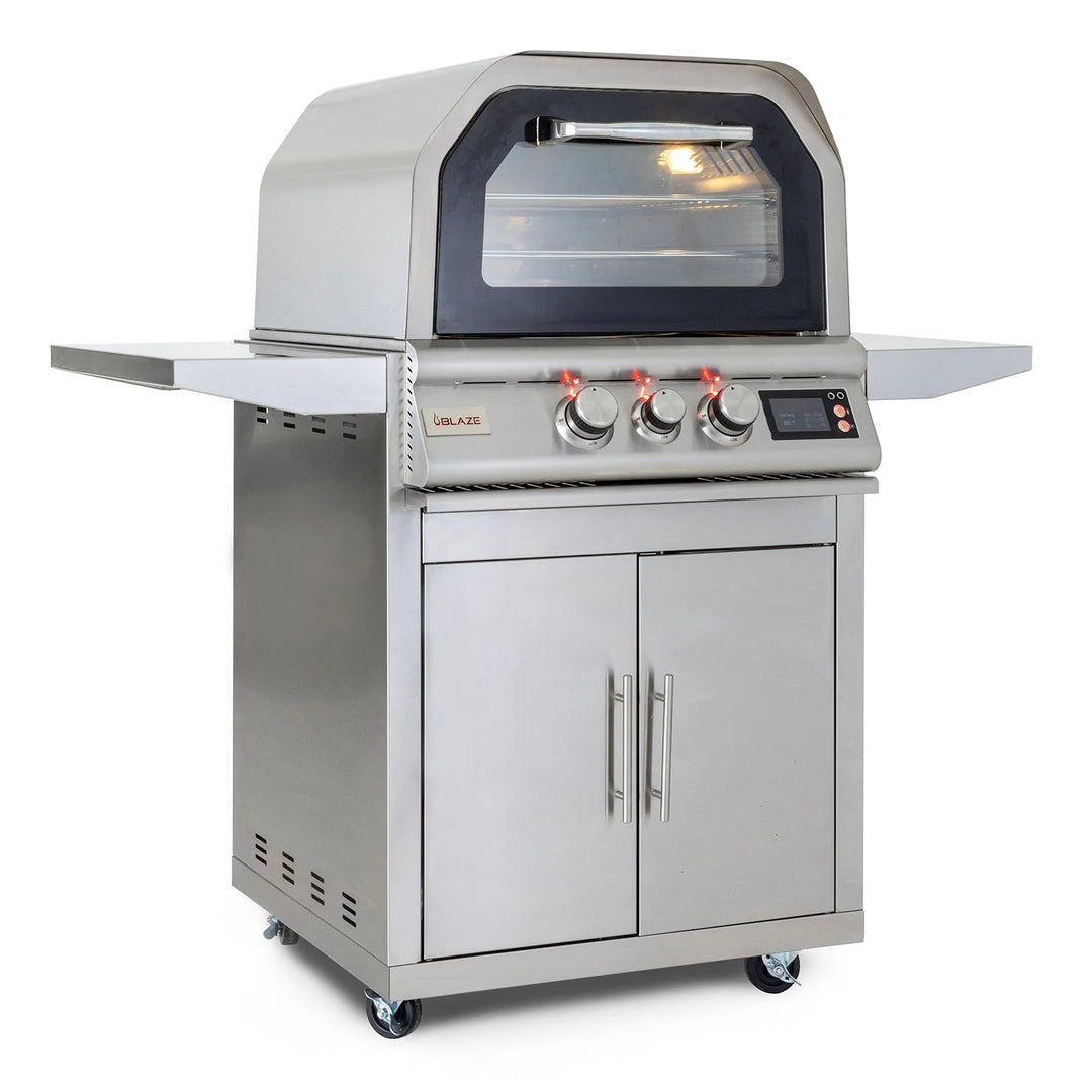 Blaze 26-Inch Pizza Oven with Cart: Heavy-duty stainless steel construction, rotating ceramic pizza stone, dual cooking racks, digital display, and interior lighting for precise outdoor cooking.