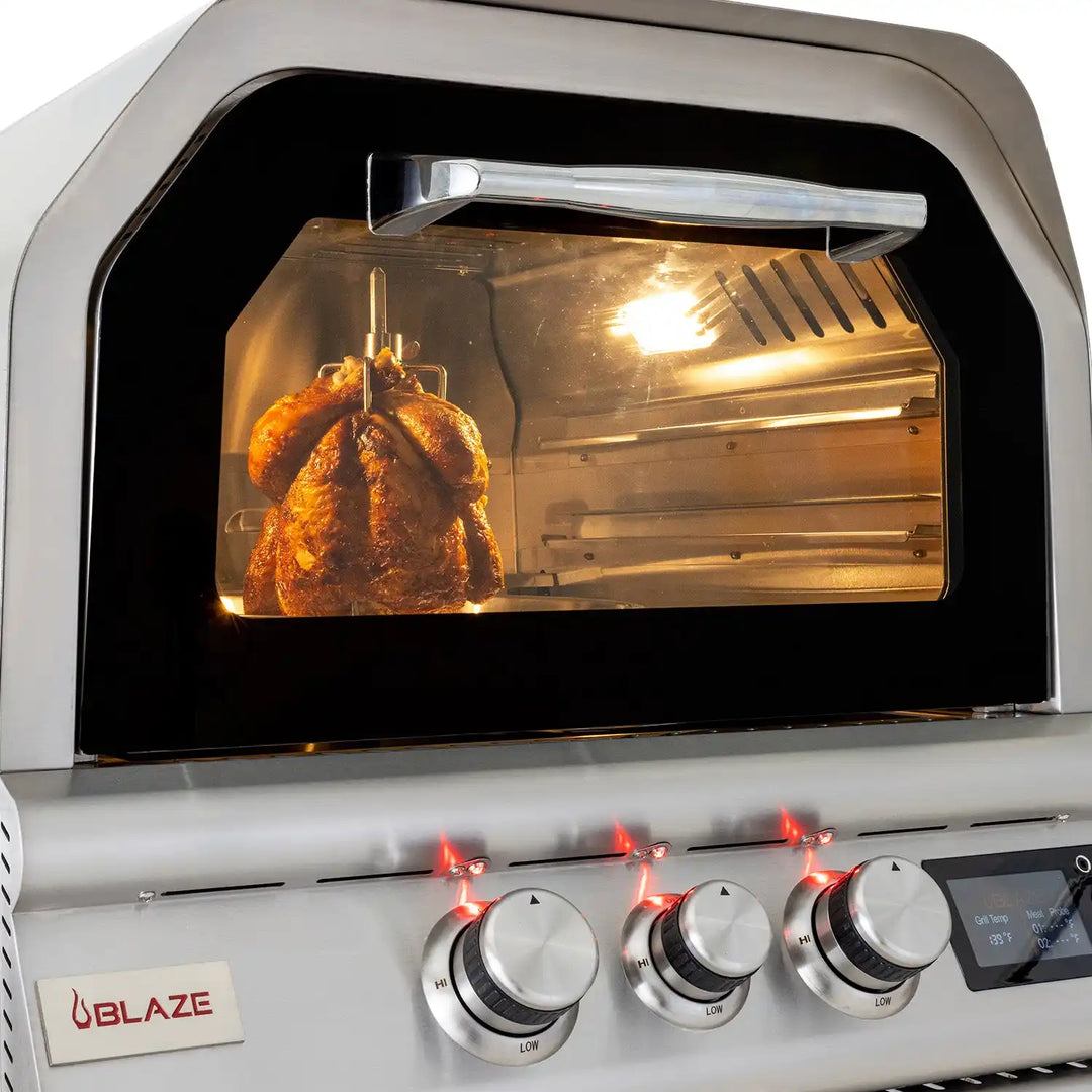 Blaze 26-Inch Pizza Oven with Cart, made from heavy-duty 304 stainless steel, features rotating ceramic pizza stone, dual cooking racks, and vertical rotisserie for perfect pizzas, slow-roasting meats, and more.