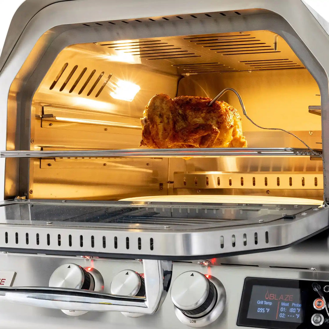Blaze 26-Inch Pizza Oven with Cart: heavy-duty stainless steel construction, digital display, dual cooking racks, vertical rotisserie, ceramic pizza stone, and wide temperature range for outdoor cooking excellence.
