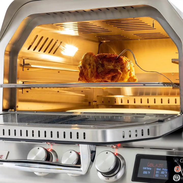 Blaze 26-Inch Pizza Oven with Cart: heavy-duty stainless steel construction, digital display, dual cooking racks, vertical rotisserie, ceramic pizza stone, and wide temperature range for outdoor cooking excellence.