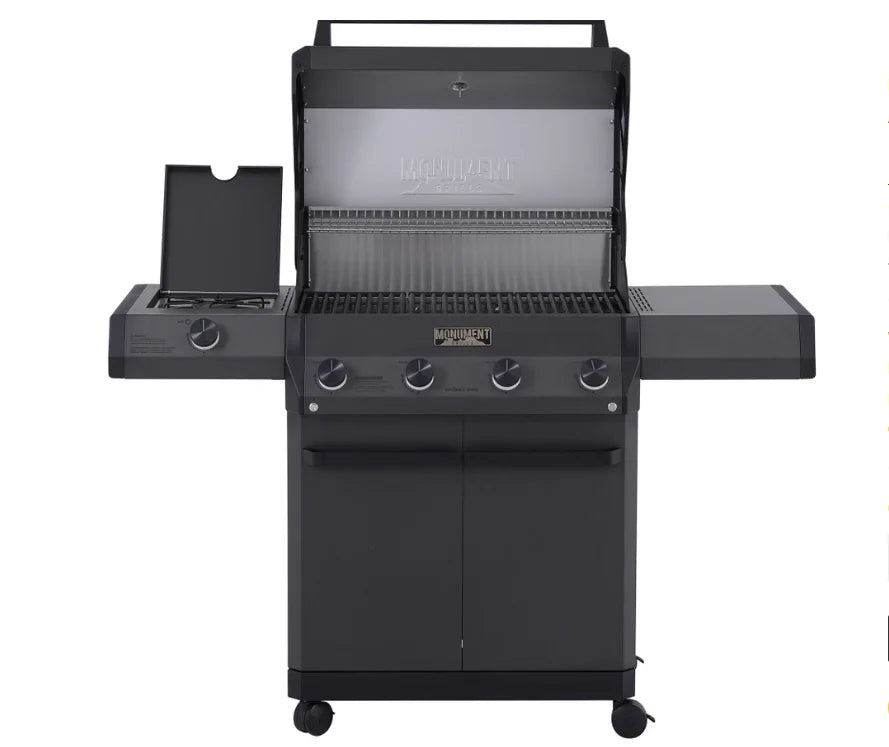 Monument Grills Eminence Series E425 Gas Grill in Pearl Matte Black Finish, featuring die-cast aluminum and cast iron construction, 640 sq. in. total cooking space, and high-performance Blaze burners producing 69,000 BTUs.