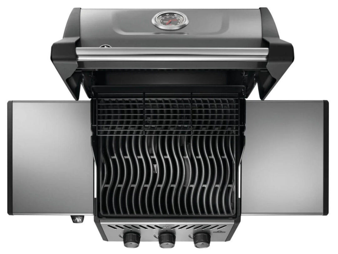 Napoleon 20" Freestyle 365 Gas Grill features three stainless steel burners, cast iron porcelainized cooking grids, and JETFIRE ignition system for instant lighting.