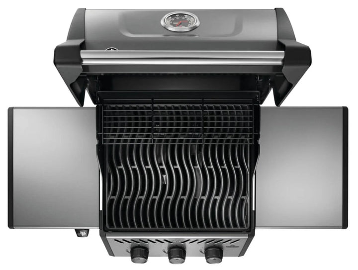 Napoleon 20" Freestyle 365 Gas Grill features three stainless steel burners, cast iron porcelainized cooking grids, and JETFIRE ignition system for instant lighting.