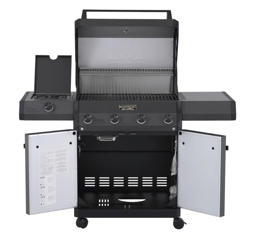 Monument Grills Eminence Series E425 Gas Grill features premium die-cast aluminum construction, porcelain-enameled cast iron grates, and 640 sq in total cooking space.