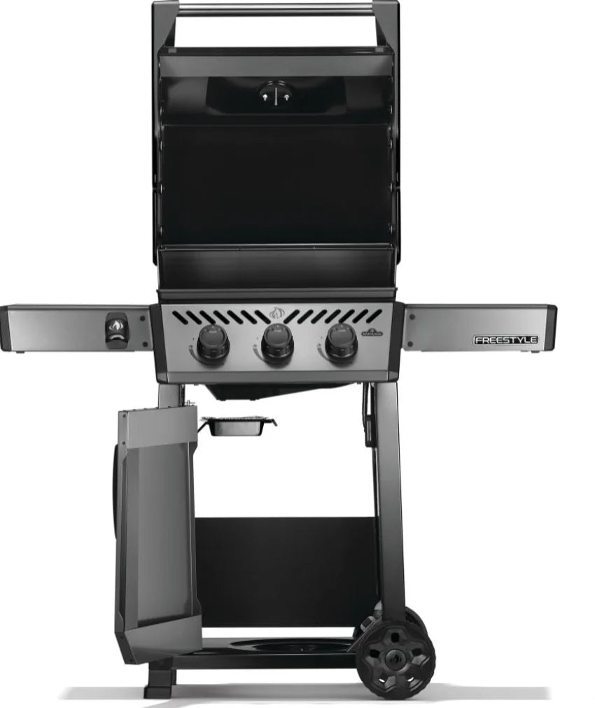 Napoleon 20" Freestyle™ 365 Natural Gas Grill features cast iron cooking grids, JETFIRE ignition, and 33,000 BTUs of power across three stainless steel burners.