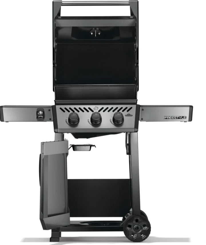 Napoleon 20" Freestyle™ 365 Natural Gas Grill features cast iron cooking grids, JETFIRE ignition, and 33,000 BTUs of power across three stainless steel burners.