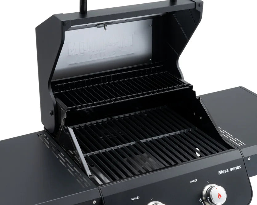 Monument Grills Mesa Series M220 gas grill featuring a compact, sleek design with two burners, delivering 30,000 BTUs of powerful heat output in a space-saving black powder-coated steel frame.