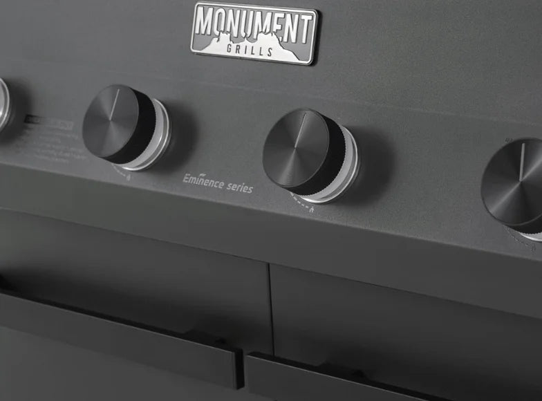 Monument Grills Eminence Series E425 Gas Grill featuring pearl matte black finish, die-cast aluminum construction, 640 sq in total cooking space, four high-performance Blaze burners producing 69,000 BTUs of even heat.