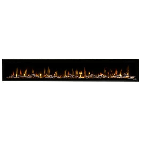 Dimplex 100" Ignite Evolve Built-in Linear Electric Fireplace: A sleek, frameless electric fireplace with Multi-Fire XD flame technology, customizable accent lighting, and vibrant media bed featuring tumbled glass and hand-painted driftwood logs for a realistic wood-burning fire effect.