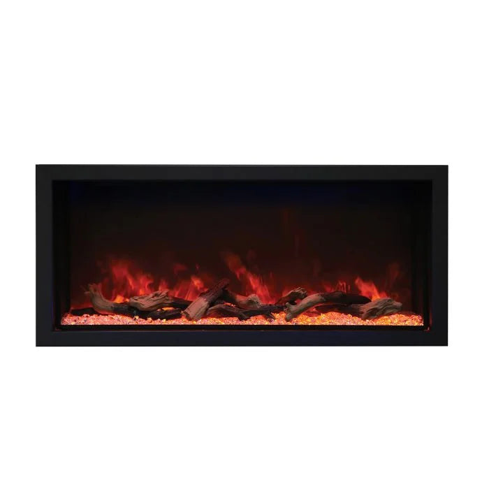 Amantii Panorama BI Deep XT Smart Electric Fireplace with extra tall viewing area, customizable media tray, and vibrant multi-colored flame presentation in a sleek black steel surround.