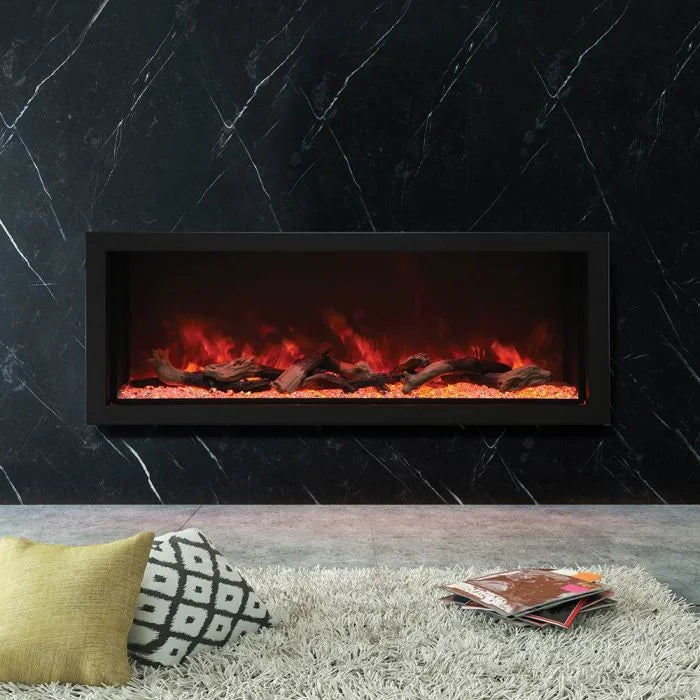 Amantii Panorama BI Deep XT Smart Electric Fireplace features an Extra Tall viewing area at 18" in height, customizable media tray, and vibrant multi-colored flame presentation.