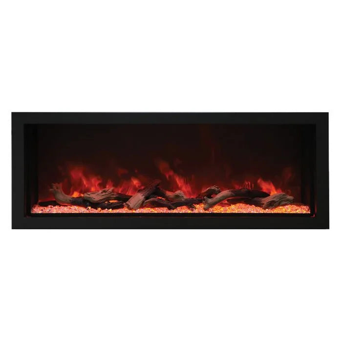 Amantii Panorama BI Deep XT Smart Electric Fireplace - A sleek black steel surround encases an Extra Tall viewing area electric fireplace for indoor or outdoor use, featuring vibrant multi-colored flames and customizable media options.