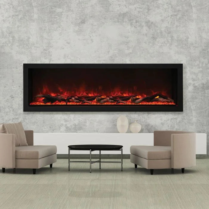 Amantii Panorama BI Deep XT Smart Electric Fireplace featuring vibrant multi-colored flame presentation, adjustable canopy lighting, and customizable media options in a sleek black steel surround.