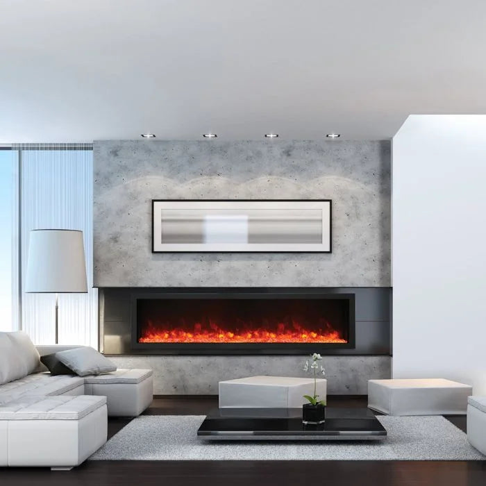 Amantii Panorama BI Deep XT Smart Electric Fireplace, 18-inch extra tall viewing area, black steel surround, customizable media options, multi-colored flame presentation, WiFi enabled.