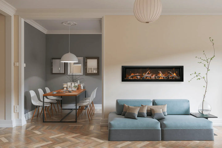 Remii DEEP Electric Fireplace: A stylish 12" deep indoor or outdoor built-in electric fireplace with black steel surround, featuring vibrant multi-colored flames, ambient canopy lighting, and a hardwire ready thermostat for up to 5000 BTU heat.