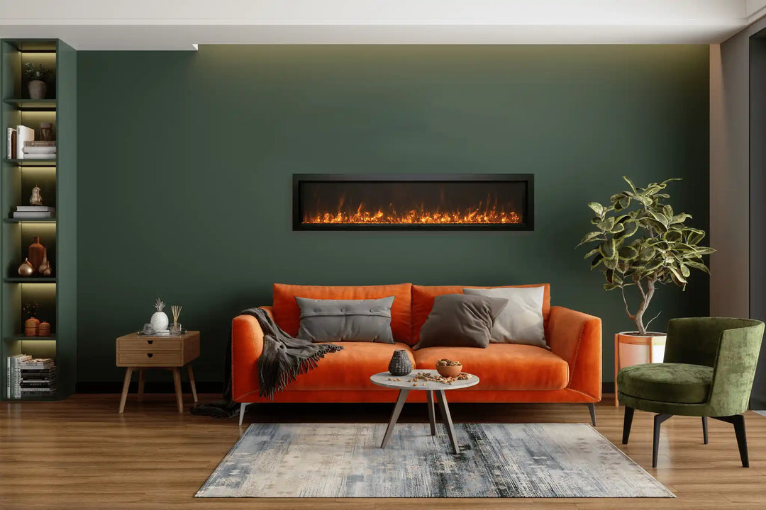 Remii Extra Slim Electric Fireplace with state-of-the-art three-color LED flame presentation, changing between red, yellow, and orange hues with remote control.