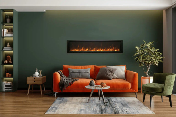 Remii Extra Slim Electric Fireplace with state-of-the-art three-color LED flame presentation, changing between red, yellow, and orange hues with remote control.