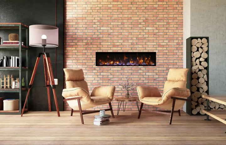 Remii DEEP Electric Fireplace - 12" deep indoor or outdoor built-in electric fireplace with black steel surround, vibrant flame presentation, and ambient canopy lighting.