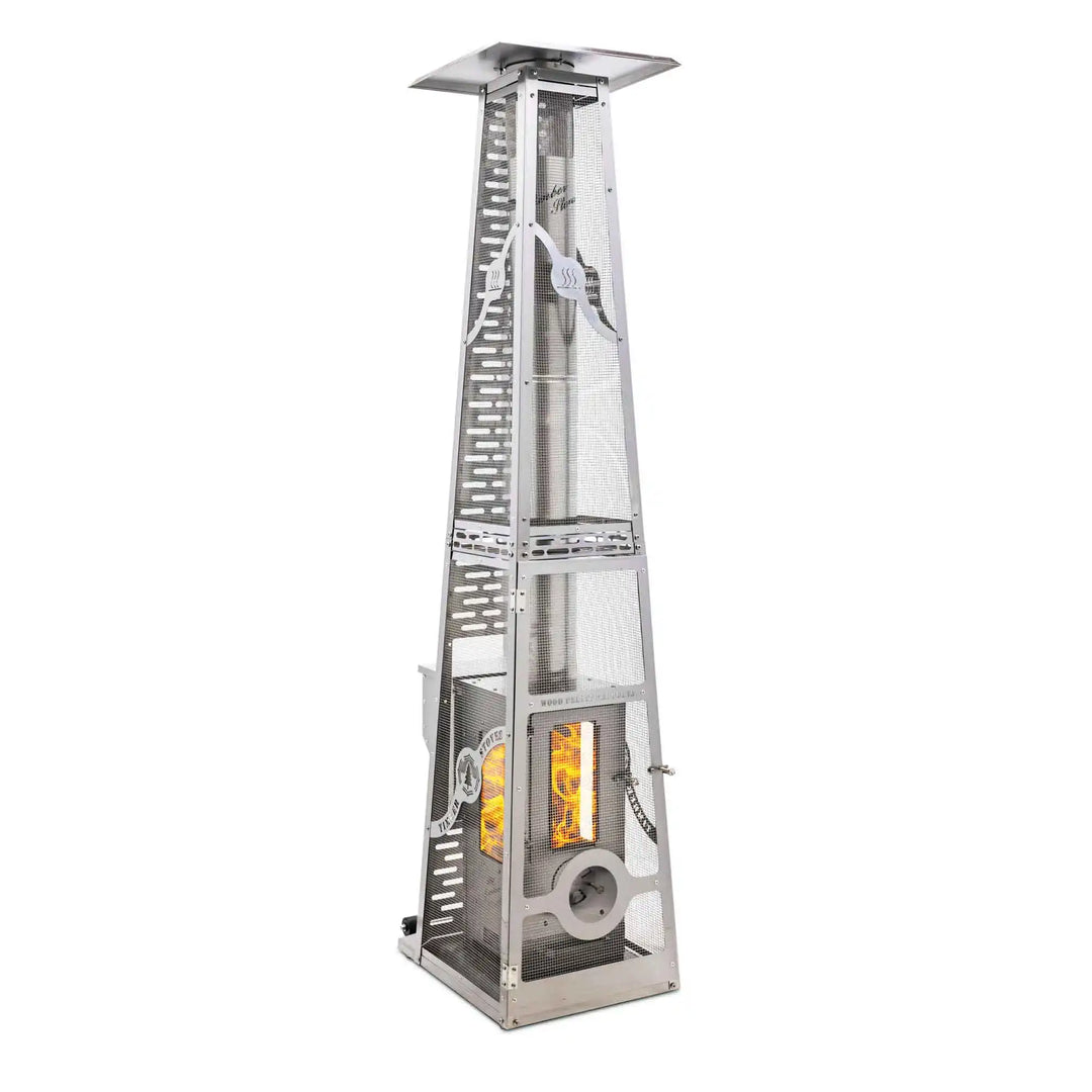 Big Timber Outdoor Fireplace with Elite Safety Cage: A high-performance, freestanding heater delivering radiant warmth up to 90,000 BTUs with added protection from the Elite Safety Cage, crafted in 100% stainless steel and showcasing an enclosed flame through a massive 5" x 12.125" viewing window.