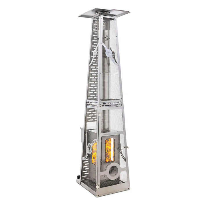 Big Timber Outdoor Fireplace with Elite Safety Cage: A high-performance, freestanding heater delivering radiant warmth up to 90,000 BTUs with added protection from the Elite Safety Cage, crafted in 100% stainless steel and showcasing an enclosed flame through a massive 5" x 12.125" viewing window.