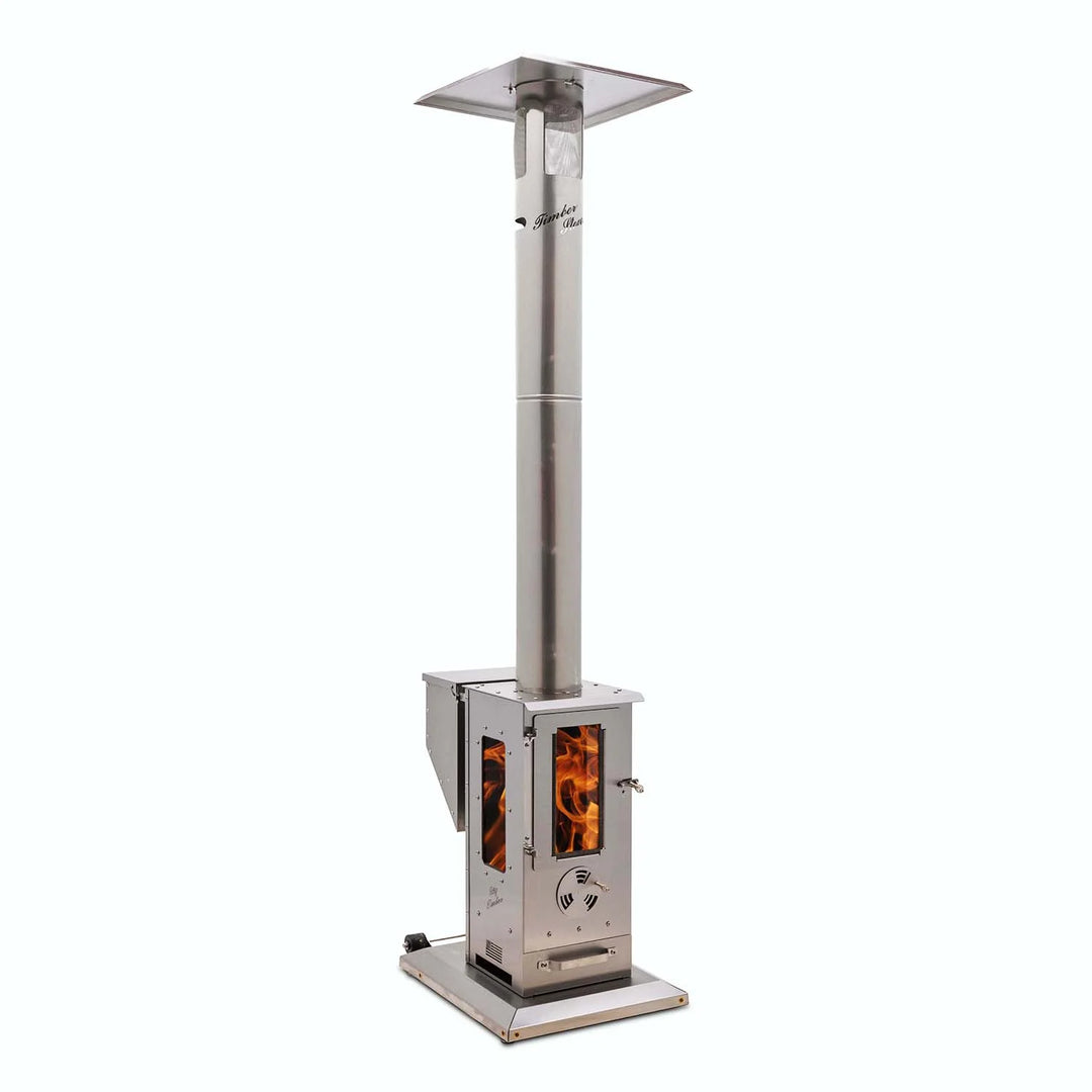 Big Timber Outdoor Fireplace with Elite Safety Cage: High-performance freestanding heater delivering 90,000 BTUs of radiant warmth, made from 100% stainless steel, featuring a massive 5" x 12.125" viewing window and virtually smokeless operation.