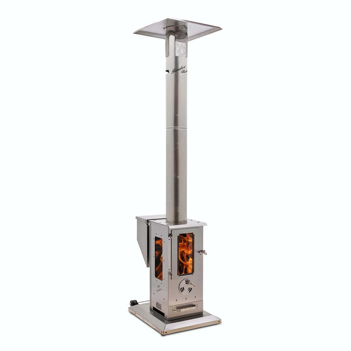 Big Timber Outdoor Fireplace with Elite Safety Cage: High-performance freestanding heater delivering 90,000 BTUs of radiant warmth, made from 100% stainless steel, featuring a massive 5" x 12.125" viewing window and virtually smokeless operation.