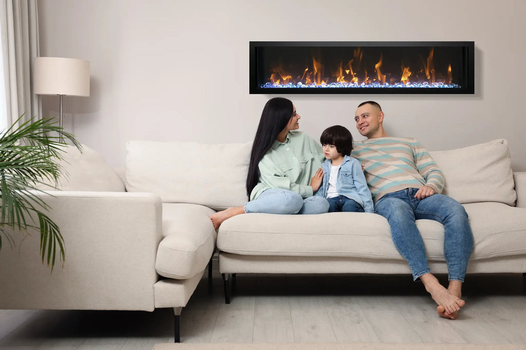 Amantii Panorama BI Slim Smart Electric Fireplace: sleek black steel surround, incredibly thin at just 4 inches, featuring vibrant multi-colored state-of-the-art flame presentation and heat output up to 5000 BTU.