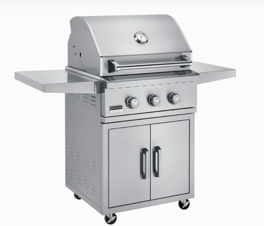 Broilmaster B-Series 25" Portable Gas Grill featuring 304 stainless steel construction, three cast stainless steel burners delivering 42,000 BTUs, and a spacious 515 sq. in. cooking surface for outdoor entertaining.