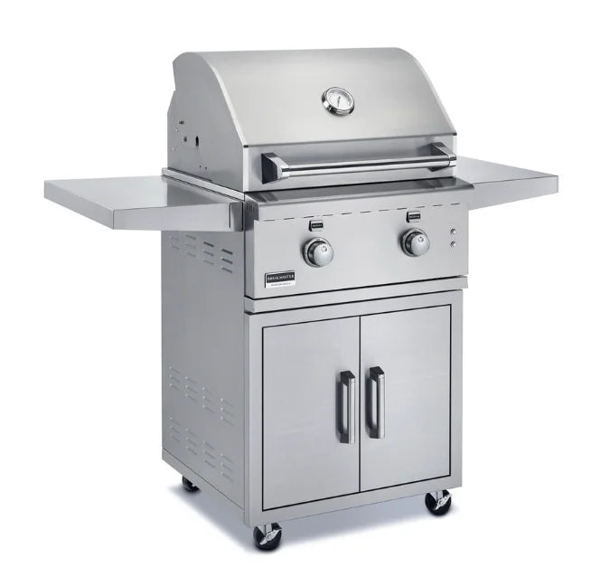 Broilmaster G-Series 26" Portable Gas Grill: Durable 304 stainless steel construction, featuring two Bow Tie burners (36,000 BTU total) for premium cooking performance in compact design with double-lined easy-open lid and retractable warming rack.