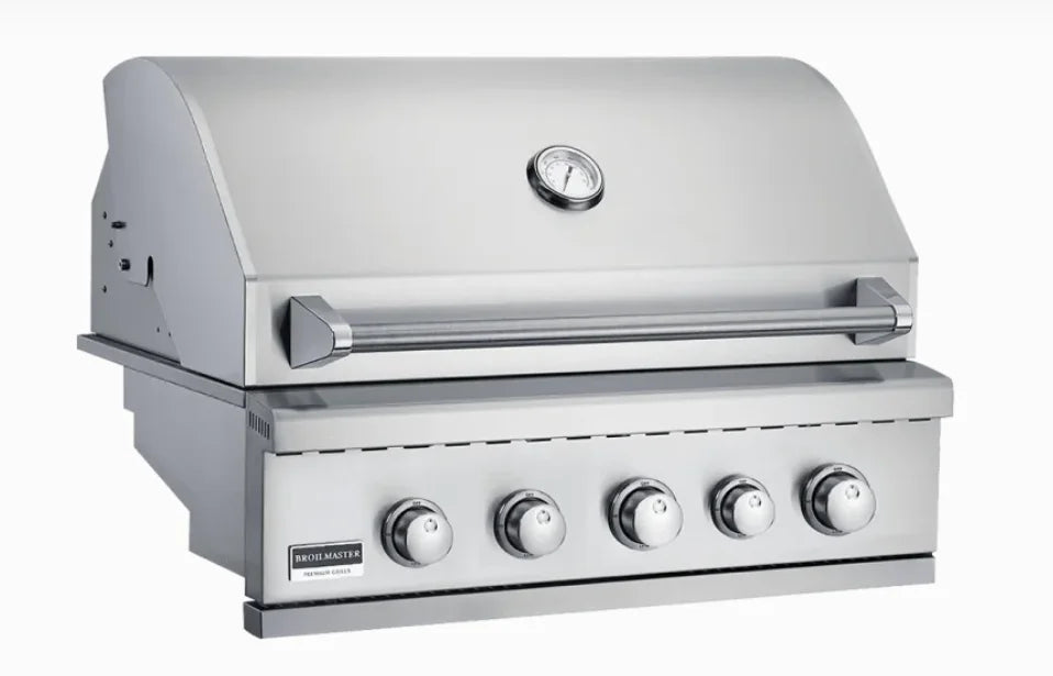 Broilmaster B-Series 32" Basic Edition Stainless Steel Built-In Gas Grill features 304 stainless steel construction, four 14,000 BTU burners, and a 14,000 BTU rear infrared rotisserie burner for 70,000 total BTUs across 690 square inches of cooking space.
