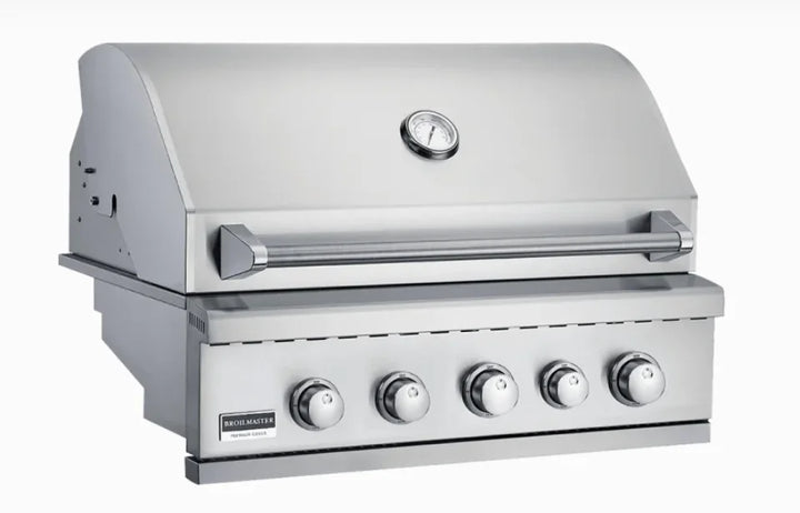 Broilmaster B-Series 32" Basic Edition Stainless Steel Built-In Gas Grill features 304 stainless steel construction, four 14,000 BTU burners, and a 14,000 BTU rear infrared rotisserie burner for 70,000 total BTUs across 690 square inches of cooking space.