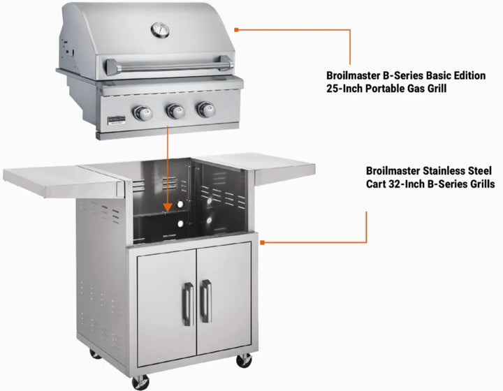 Broilmaster B-Series 25" Stainless Steel Portable Gas Grill with 304 stainless steel construction, 42,000 BTUs across three cast burners, and 515 sq. in. cooking surface for versatile outdoor cooking.