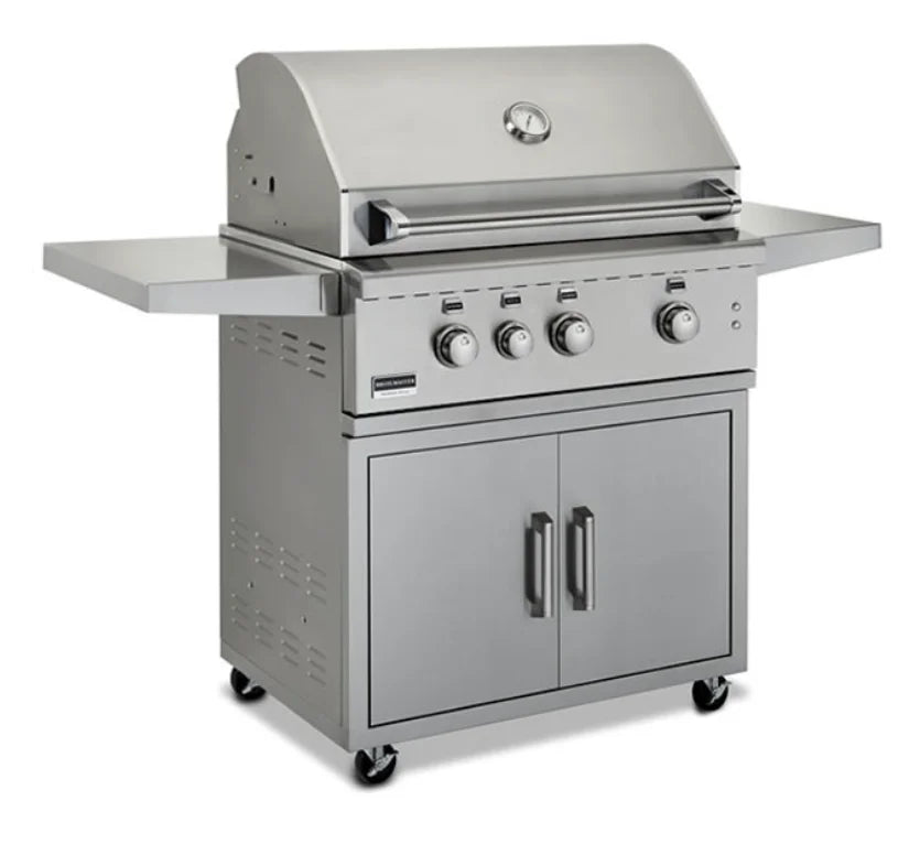 Broilmaster G-Series 34" Portable Gas Grill - Durable 304 stainless steel construction with three Bow Tie burners producing 54,000 BTUs and an 11,000 BTU rear infrared rotisserie burner for large cooking space of 806 sq. in.