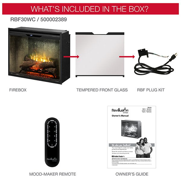 New Dimplex Revillusion 30 inch Built-in Electric Firebox w/ Glass and Plug Kit