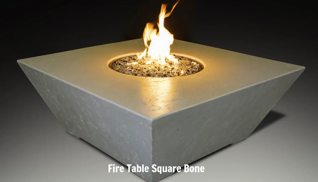 Grand Canyon Olympus Square Fire Table - Modern American-made gas fire table featuring angular design, spacious tabletop, and radiant warmth for outdoor entertaining.