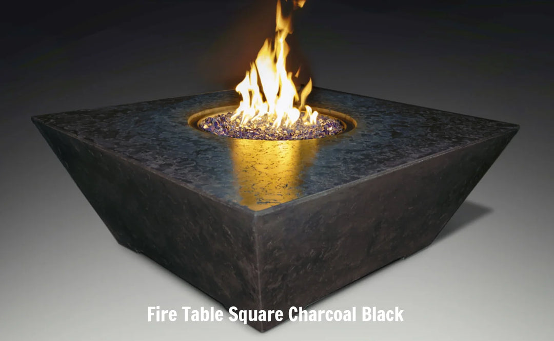 Grand Canyon Olympus Square Fire Table: Modern fire table with angled profile, generous tabletop surface, and radiant warmth for outdoor entertaining areas.