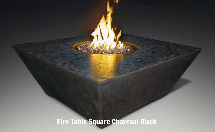 Grand Canyon Olympus Square Fire Table: Modern fire table with angled profile, generous tabletop surface, and radiant warmth for outdoor entertaining areas.