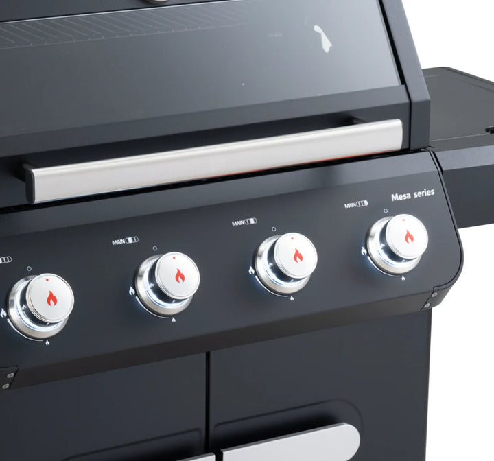 Monument Grills Mesa Series M425 Gas Grill - A durable black powder-coated propane grill featuring four stainless steel burners delivering up to 52,000 BTUs for powerful performance and effortless cooking.
