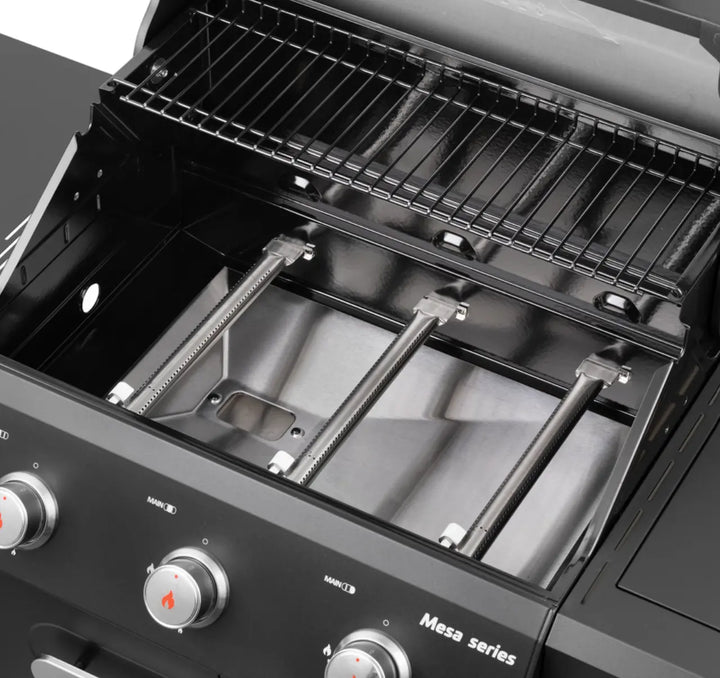 Monument Grills "M425" Gas Grill - Mesa Series: A durable 4-burner black powder-coated propane grill delivering up to 52,000 BTUs of heat output with ClearView lid and side burner for effortless cooking and entertaining.