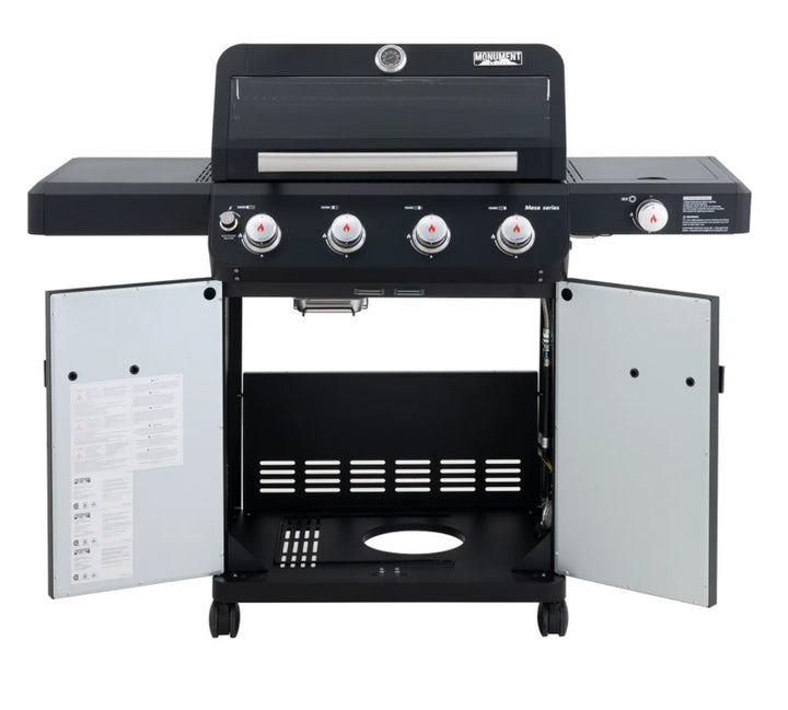 Monument Grills "M425" Gas Grill - Mesa Series: Durable black powder-coated propane grill with 4 stainless steel burners delivering up to 52,000 BTUs, ClearView lid, and side burner for effortless cooking and entertaining.